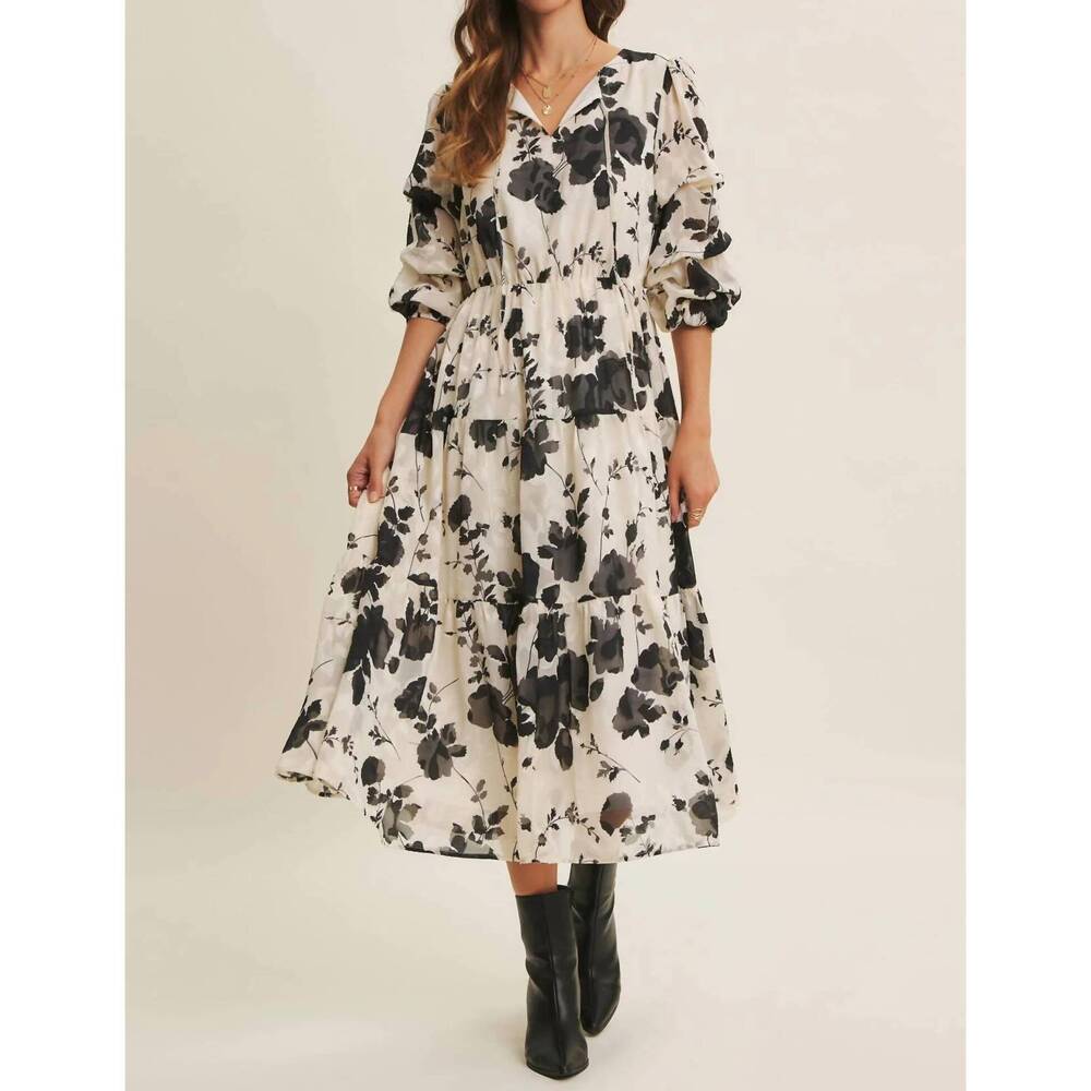 NEW IN FEBRUARY dreamy jacquard floral midi dress with statement sleave in vanil